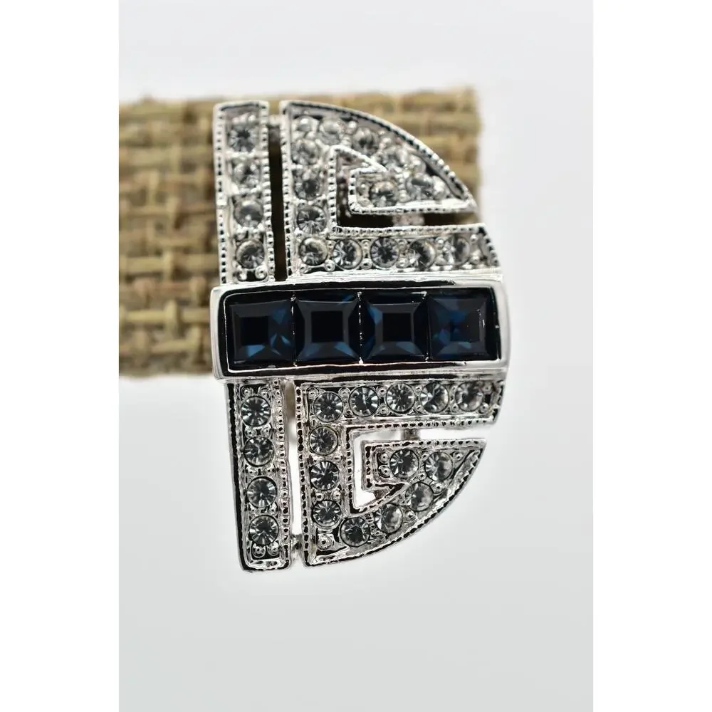 JBK Vintage Crystal Clip On Earrings Navy Blue Rhinestone Silver Signed BinBK